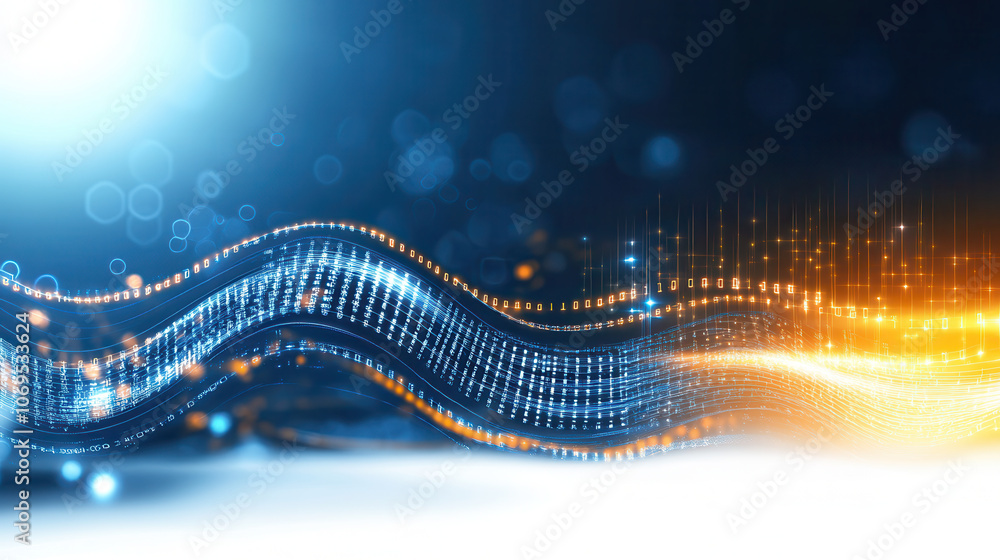Poster digital technology abstract representation with flowing blue and orange waves, showcasing data patte