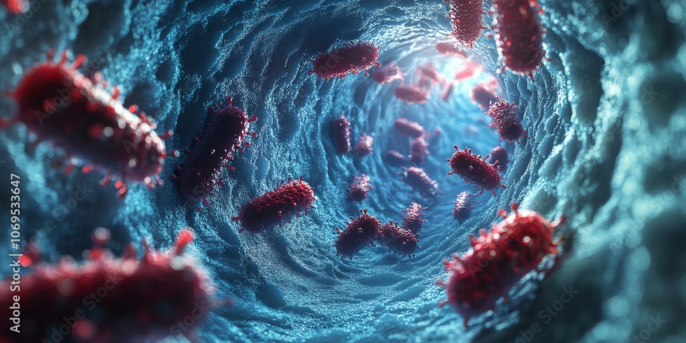 Aufkleber 3d rendering of red bacteria moving through a blood vessel.