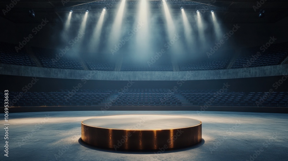 Poster a stage with a podium in the center. the podium is surrounded by a series of steps. the stage is emp