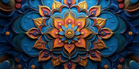 3D Mandala with blue, orange, and yellow petals and a center circle.
