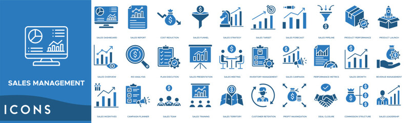 Sales management icon. Sales Dashboard, Report, Cost Reduction, Sales Funnel and Sales Strategy