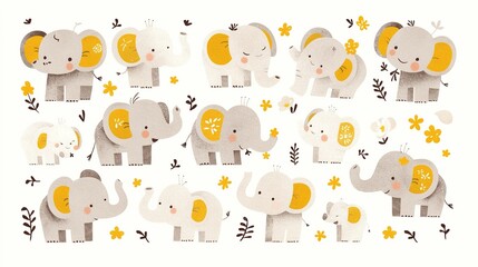 Obraz premium A playful collection of cute elephants in various poses, ideal for children's decor or design.