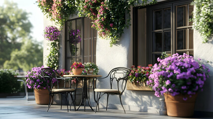 Fototapeta premium A charming patio with a table and chairs, surrounded by lush greenery and vibrant flowers in pots.