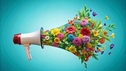 A vibrant megaphone filled with a symphony of blooming flowers, announcing the arrival of spring's joyful chorus.
