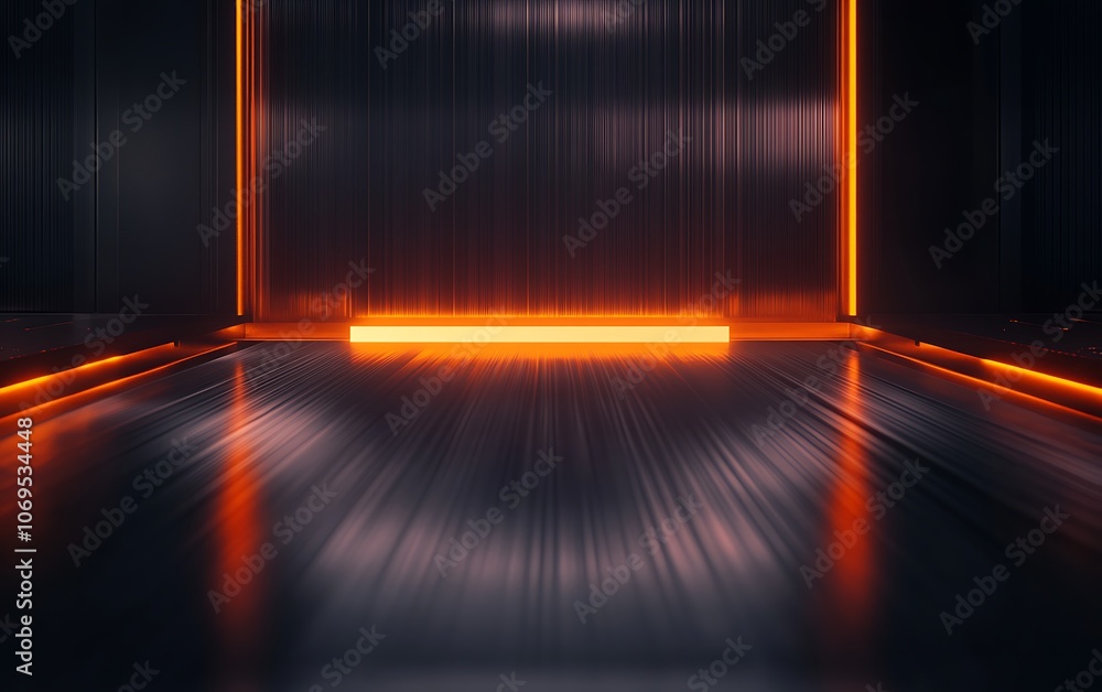 Aufkleber A sleek, modern corridor illuminated by an orange glow, creating a futuristic atmosphere with clean lines and reflective surfaces.