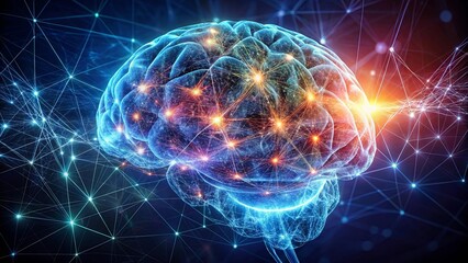 A luminescent brain, its intricate network of neural connections depicted as a vibrant constellation of glowing lines and points, radiating outward like a beacon in the darkness.