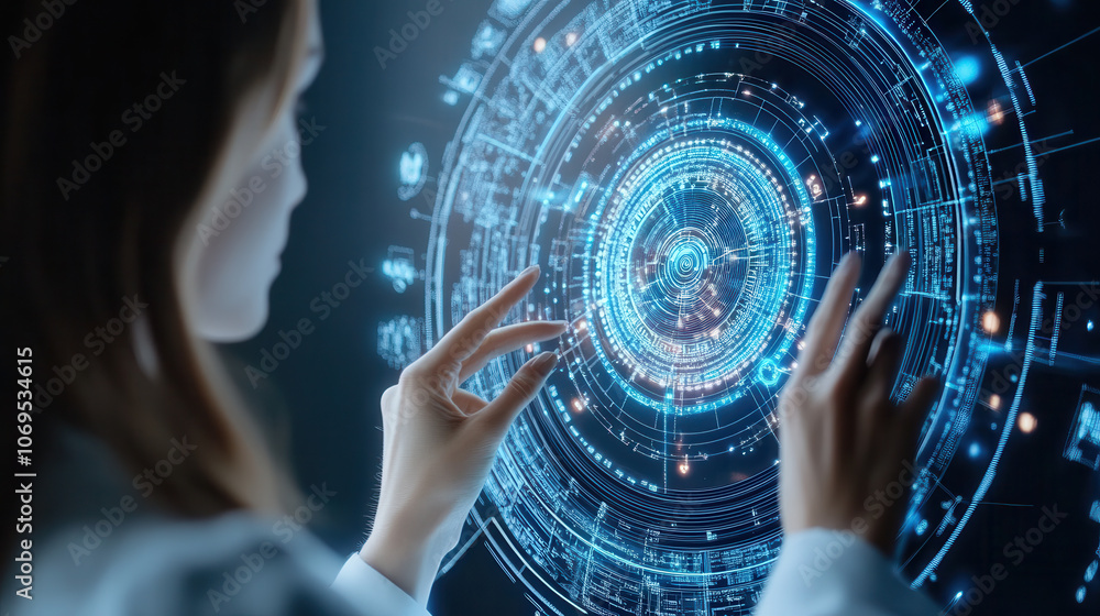 Poster woman interacting with holographic interface, showcasing digital technology and communication. futur