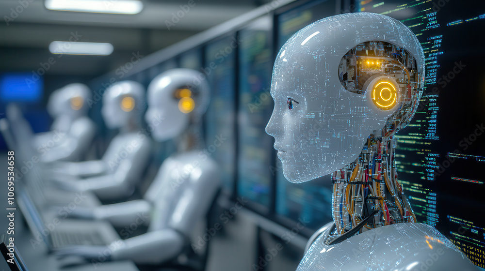 Aufkleber digital technology in education showcases advanced robotic systems. these humanoid robots, equipped 