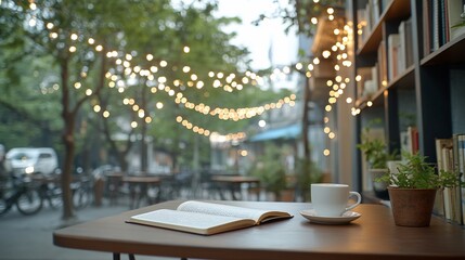 Open book and coffee cup on a table with string lights and greenery in the background.