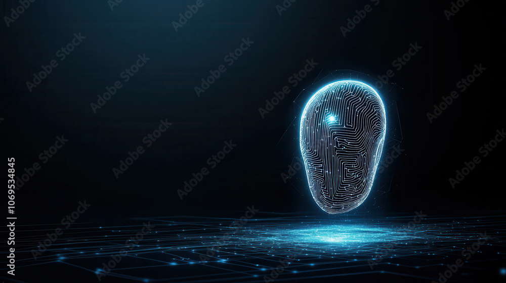 Poster digital technology in security featuring biometric face recognition system, showcasing futuristic de