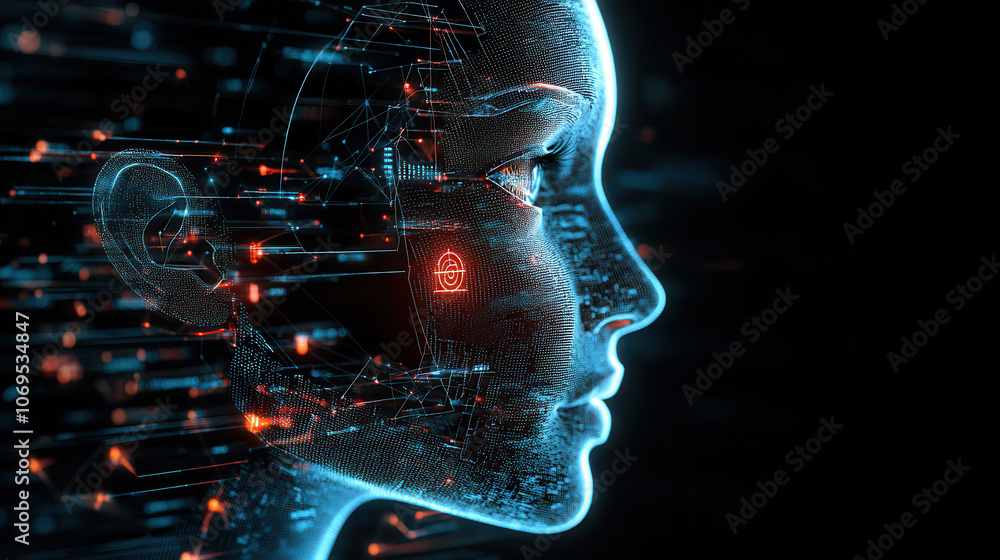 Poster digital technology in security with biometric authentication, showcasing futuristic face with glowin