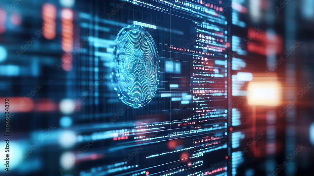 Poster digital technology in security featuring biometric authentication and fingerprint scanning, showcasi