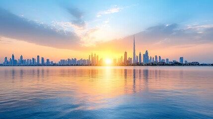 Naklejka premium Experience the breathtaking beauty of dubai's skyline at sunset over water