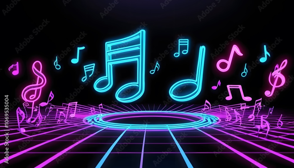 Poster stunning 3d music note neon light animation background ideal for creative video projects and music e