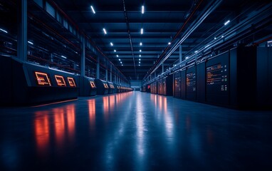 A dimly lit industrial facility features rows of machines and glowing panels, showcasing a high-tech environment.