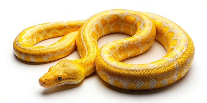 A serpentine symphony of yellow and white, the scales shimmer and gleam as the creature winds its way across the pristine backdrop.
