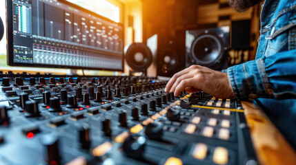 Close-up of a sound engineer's hand adjusting controls on an audio mixing console in a music studio, with speakers and digital interface.