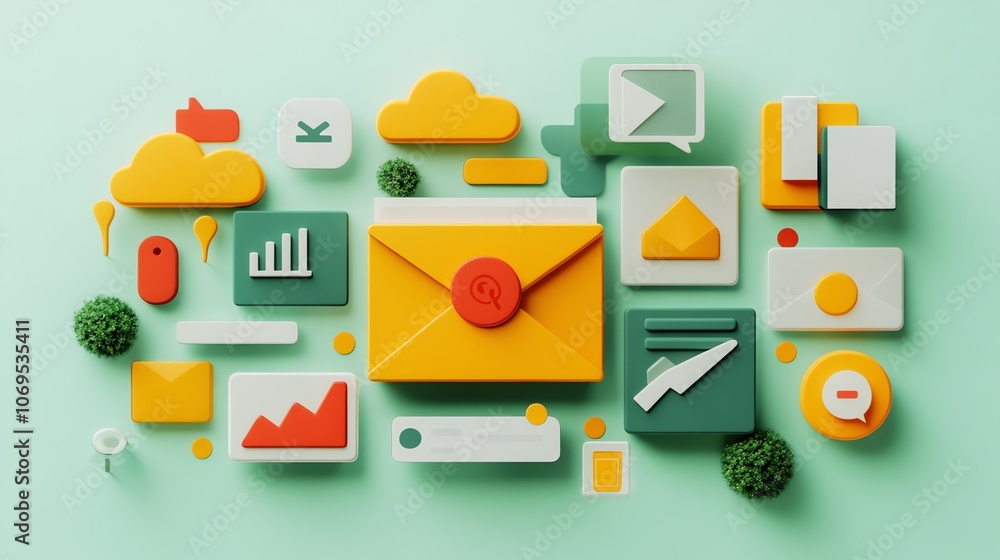 Poster a 3d illustration of a yellow envelope with a red seal and various icons representing digital market
