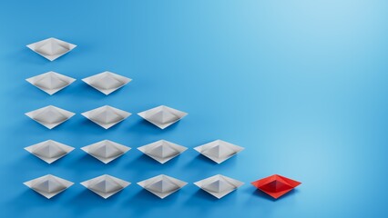 Individuality concept. Individual and unique leader red paper boat flies to the side. 3D illustration.3D rendering on blue background.