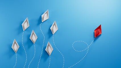 Individuality concept. Individual and unique leader red paper boat flies to the side. 3D illustration.3D rendering on blue background.