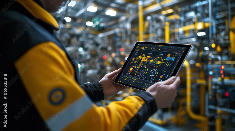 Poster worker in industrial setting uses tablet to monitor machinery and data, showcasing technology in mod