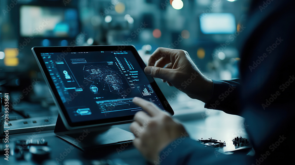 Poster worker in industrial setting uses tablet to analyze data and monitor systems, showcasing technology 