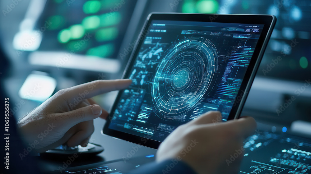 Poster worker interacts with tablet displaying advanced data analytics in industrial setting, showcasing te