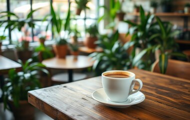 Fototapeta premium Cozy Cafe Scene with Coffee Cup and Lush Greenery