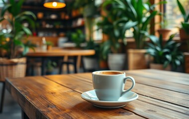 Fototapeta premium Cozy Coffee Scene in a Green-Centric Cafe Setting