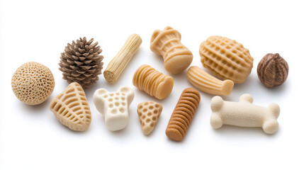 Natural dog treats in various shapes and textures, including bones, pine cones, and other organic forms, perfect for rewarding pets