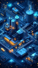 Fototapeta premium A 3D isometric illustration of a futuristic industrial complex with glowing lights and pipes.