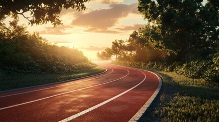A winding red track surrounded by lush greenery and a glowing sunset.