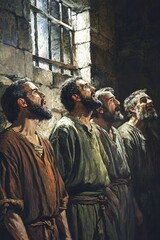A dramatic scene of Paul and Silas singing hymns in a prison cell at midnight, as a miraculous earthquake opens the prison doors and sets them free, with fellow prisoners watching in astonishment.


