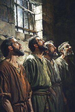 A dramatic scene of Paul and Silas singing hymns in a prison cell at midnight, as a miraculous earthquake opens the prison doors and sets them free, with fellow prisoners watching in astonishment.

