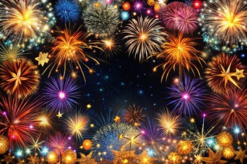 Fototapeta premium A Stunning Macro Photography Border Design Featuring Dazzling Fireworks and Shimmering Stars, Perfect for Celebratory Themes and Festive Events