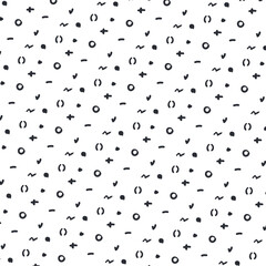 Adobe Illustrator Artwork with little circles, wavy lines, signs, dots and so on.