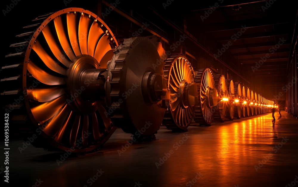 Poster a row of large turbine components illuminated by warm light in a dimly lit industrial setting, showc