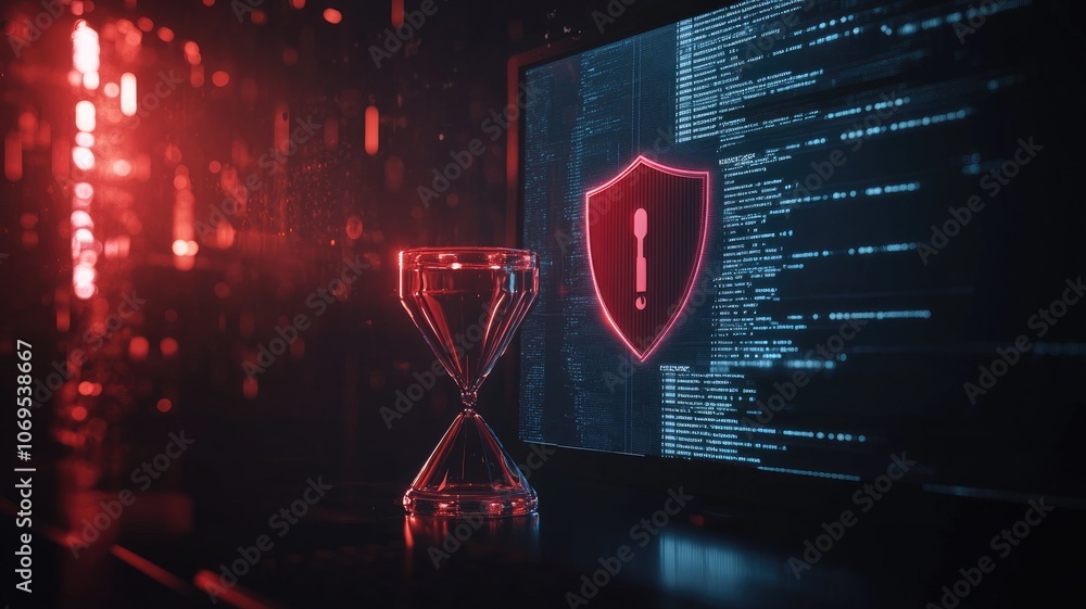 Poster computer screen displaying cybersecurity symbols, surrounded by red digital code and hourglass