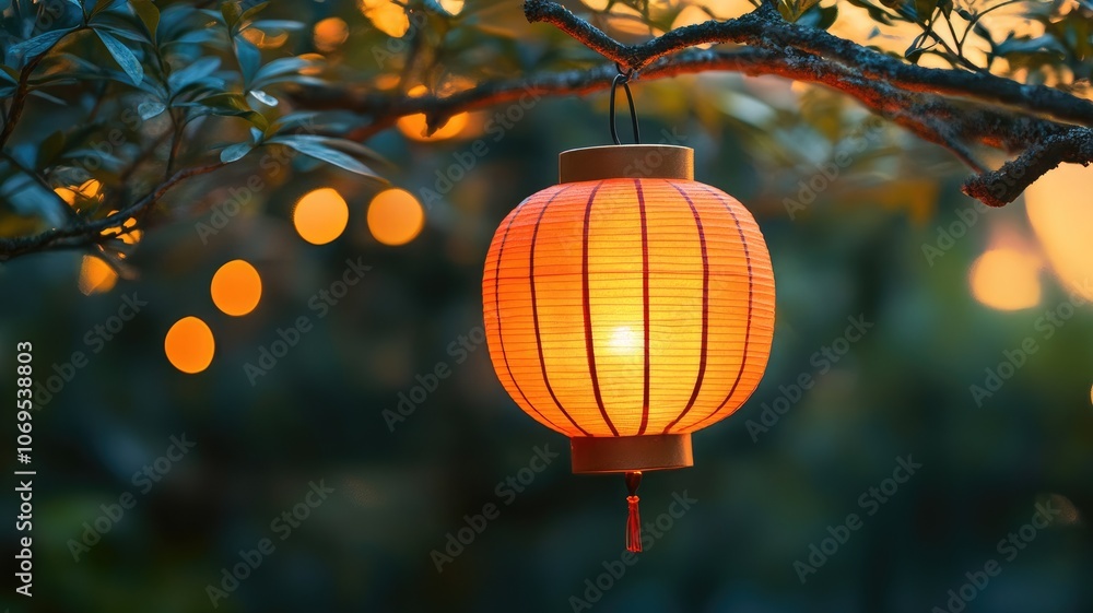 Poster illuminated paper lantern hanging from tree branch at dusk, surrounded by soft glowing lights