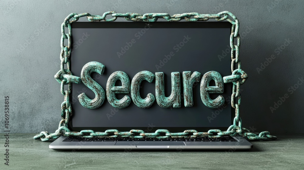 Poster computer security concept with laptop protected by chains and shield