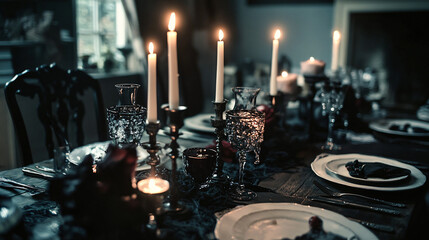 Creating a spooky dining table setup for Halloween dinner.