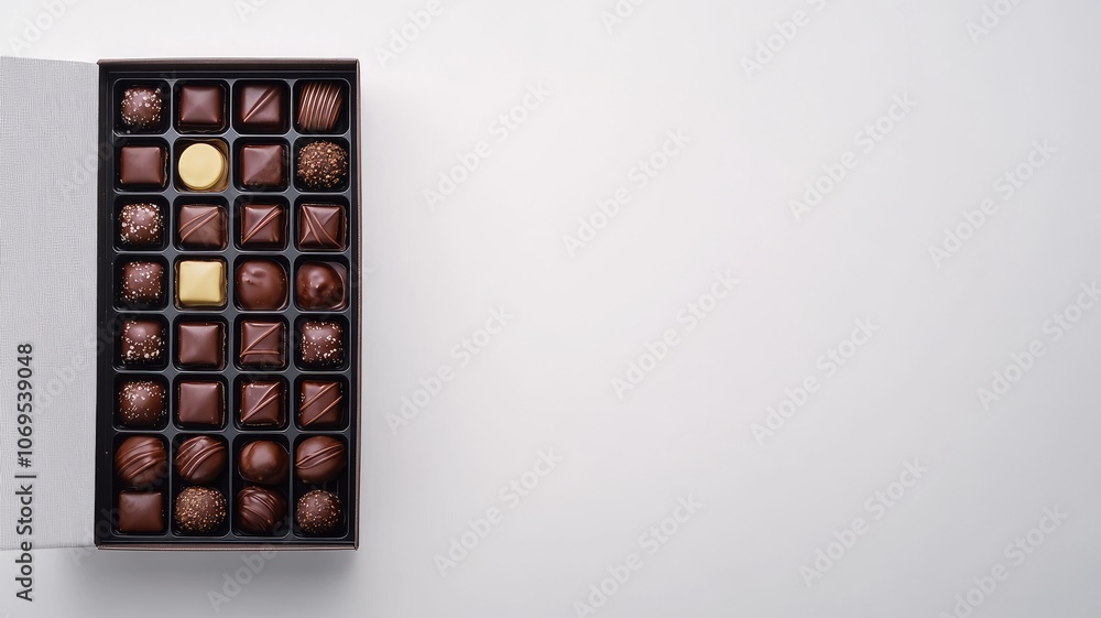Poster box of assorted chocolates with various designs arranged neatly