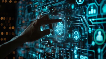Fototapeta premium Closeup of hand touching futuristic screen with digital data and information technology icons, background is wall full of holographic screens displaying complex network structure in dark room, 