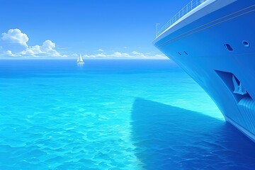 Obraz premium A serene ocean scene featuring a large yacht and a distant sailboat under a clear blue sky.