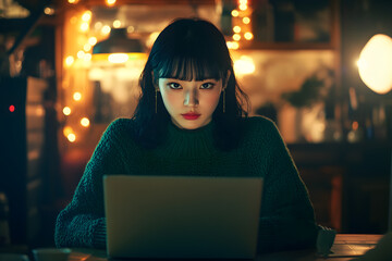 A Japanese woman in her late twenties is sitting at the table, Generative AI