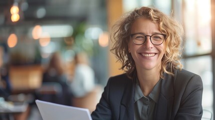 Smiling mature business woman hr holding cv document at job interview. Happy mid aged professional banking manager or lawyer consulting client sitting at workplace in corporate office meeting.