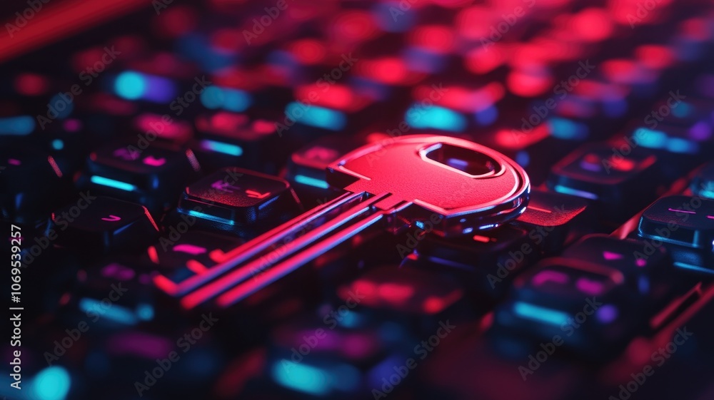 Poster metallic key on colorful illuminated keyboard, symbolizing cybersecurity and data protection