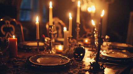 Creating a spooky dining table setup for Halloween dinner.