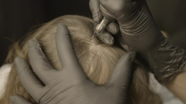 Close up shots of Scalp micropigmentation, also known as a hair tattoo, can cover bald spots or thinning hair without surgery