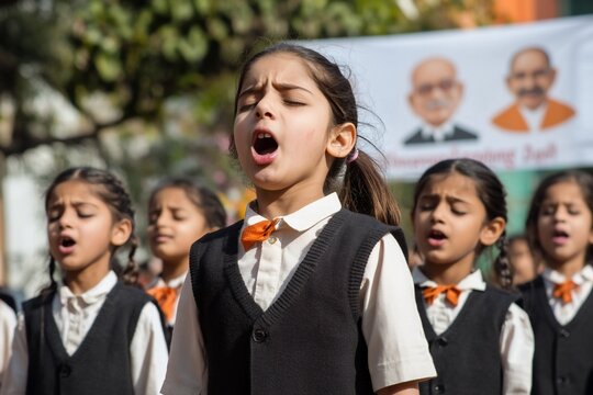 A young girl in a school uniform sings with her classmates during a school assembly.